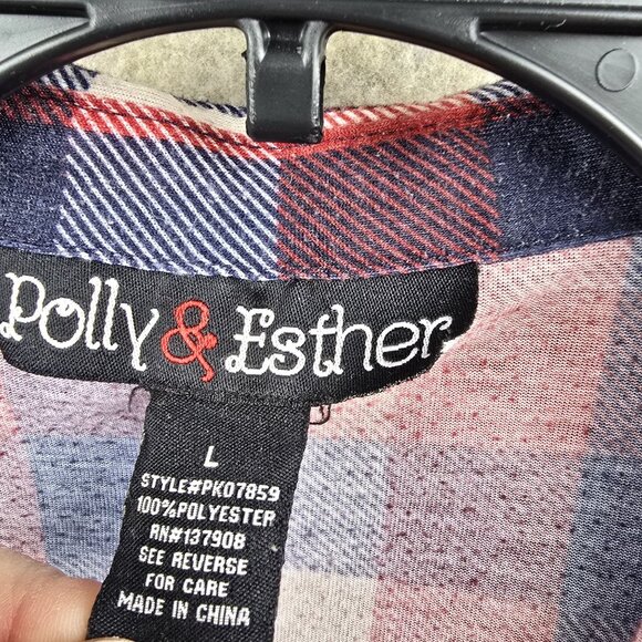 Polly & Esther Womens Red & Navy Plaid Button-Up Shirt Long Sleeve - Picture 4 of 5
